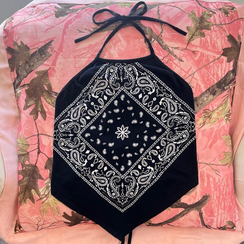 y2k bandana print tie backless halter top